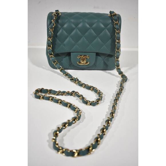 Chanel 21A Green Square Mini Flap CC Logo Quilted Gold Chain Crossbody Bag - Picture 2 of 9